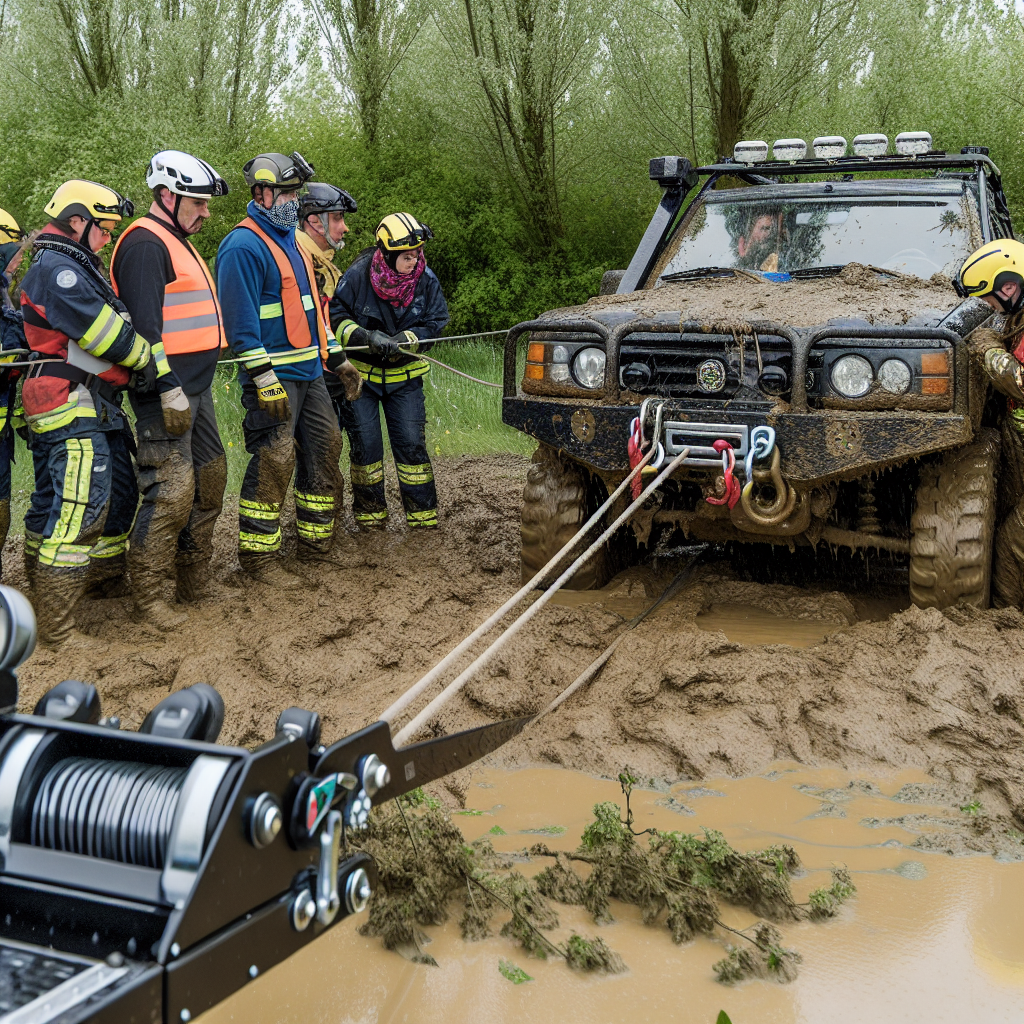 Front-mounted winch in action during a recovery operation