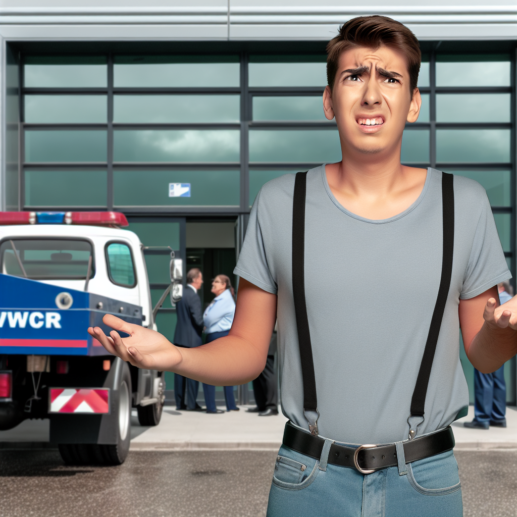 Frustrated truck owner outside towing company