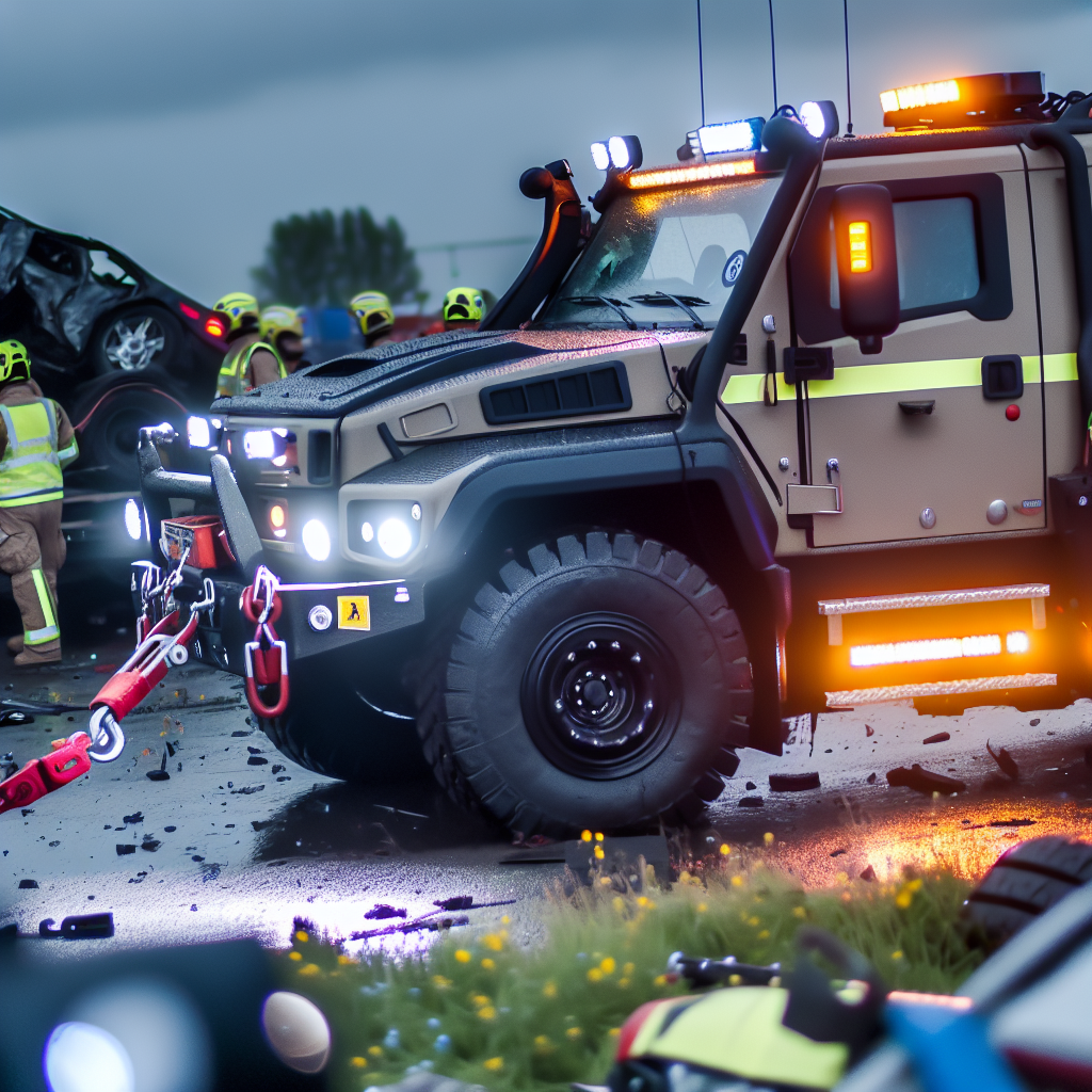 A heavy-duty rescue vehicle in action, engaged in a recovery operation.