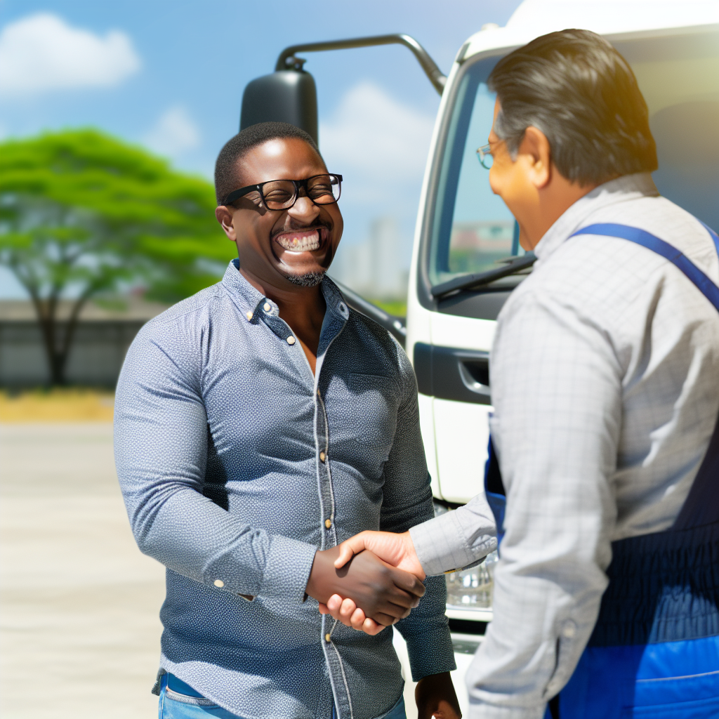 Happy truck owner receiving their truck back from a towing service