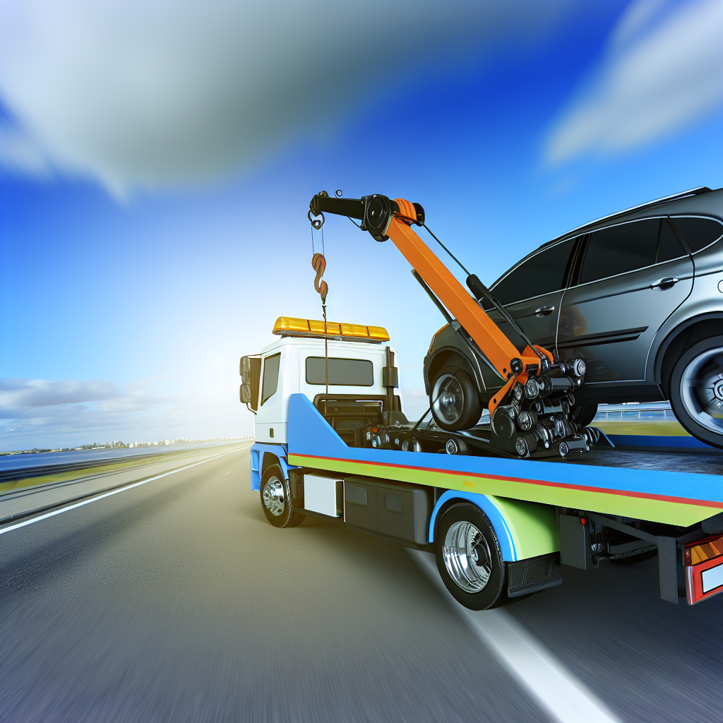 A tow truck performing a service by lifting a car onto its flatbed, set against a bright blue sky and highway backdrop. The image illustrates the efficient operation of a tow truck in roadside assistance.
