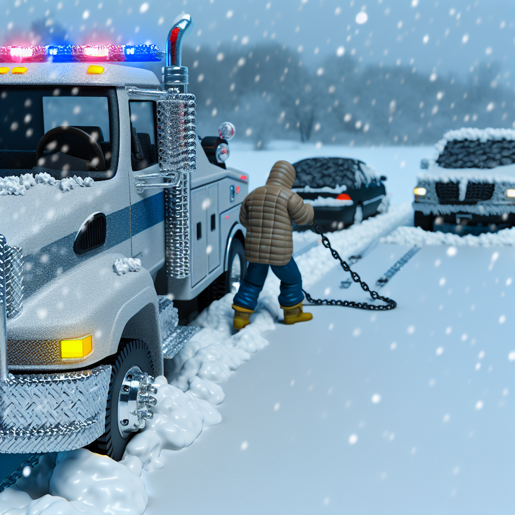 Towing trucks in action during winter weather