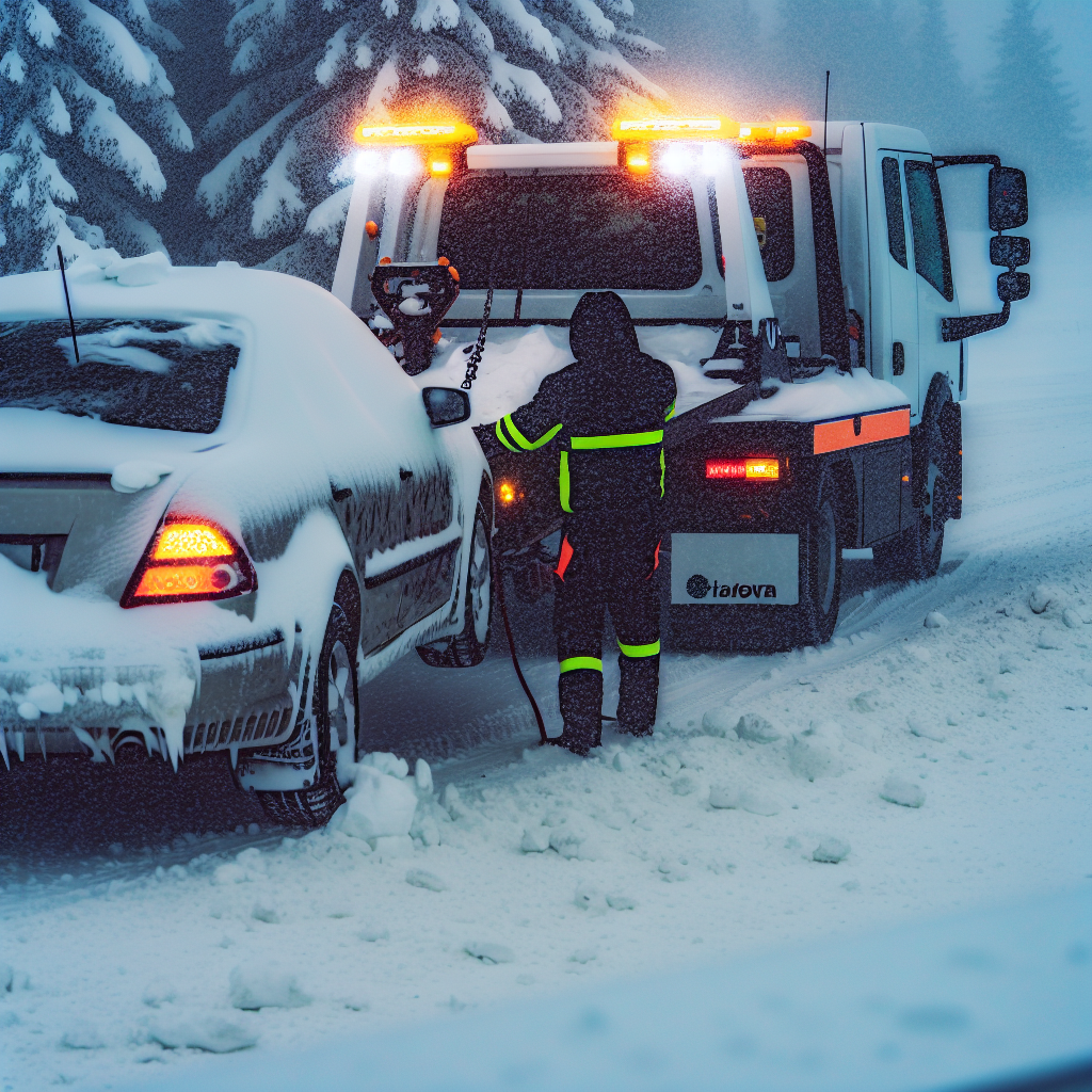Towing trucks in action during winter weather
