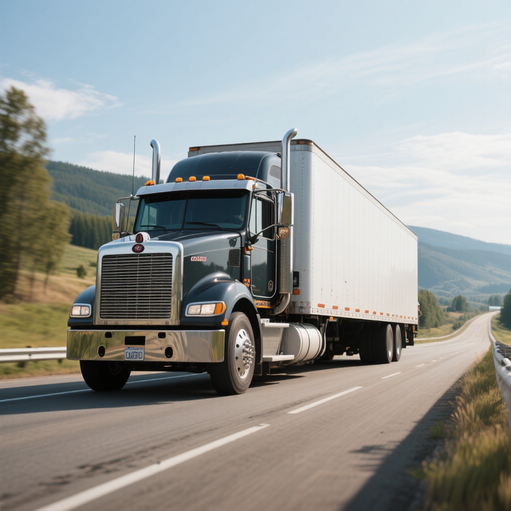 A realistic depiction of a Class 8 truck, showcasing its size and design on a highway along with scenic backgrounds to emphasize its significance in the trucking industry.