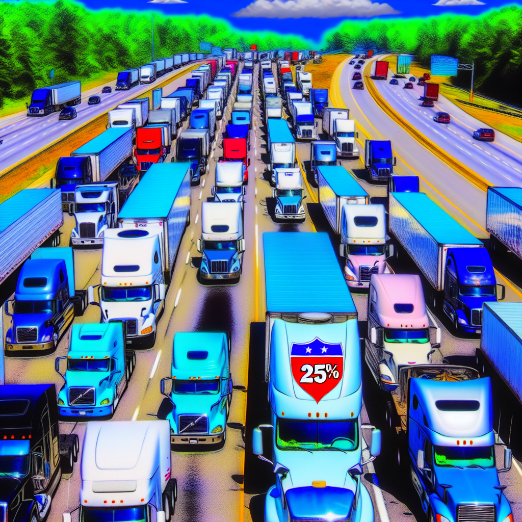 Heavy-duty trucks on a highway with a 25% tariff sign