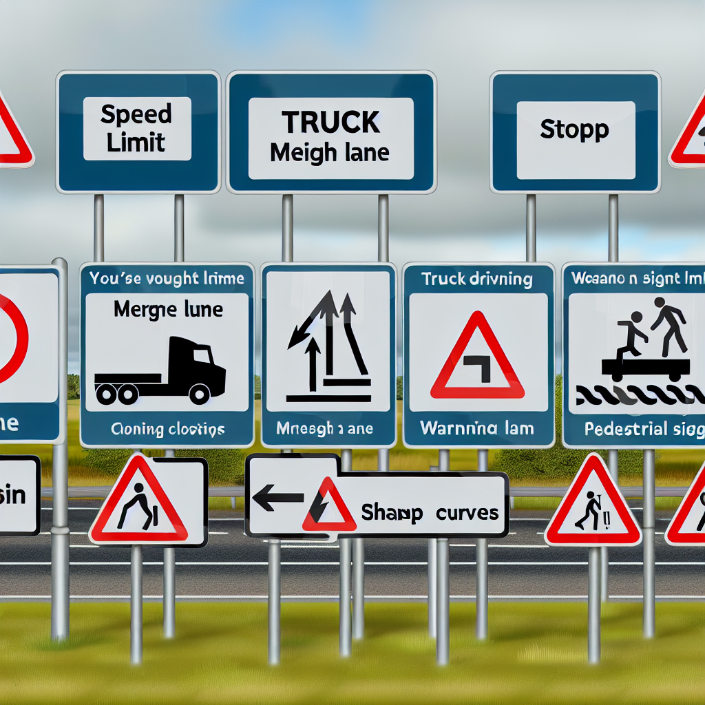 A visual representation of various road signs truck drivers encounter, underscoring the importance of language comprehension for safety and compliance.