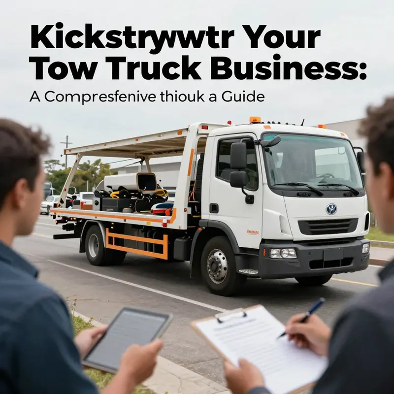 A new tow truck parked by the roadside with business activities illustrated nearby, symbolizing the initiation of a tow truck business venture.