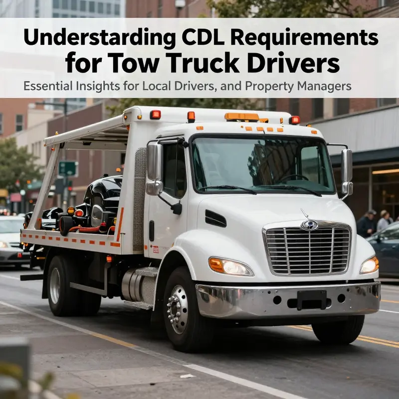 A tow truck driving through urban traffic, representing the significance of CDL regulations in ensuring safe and legal towing.