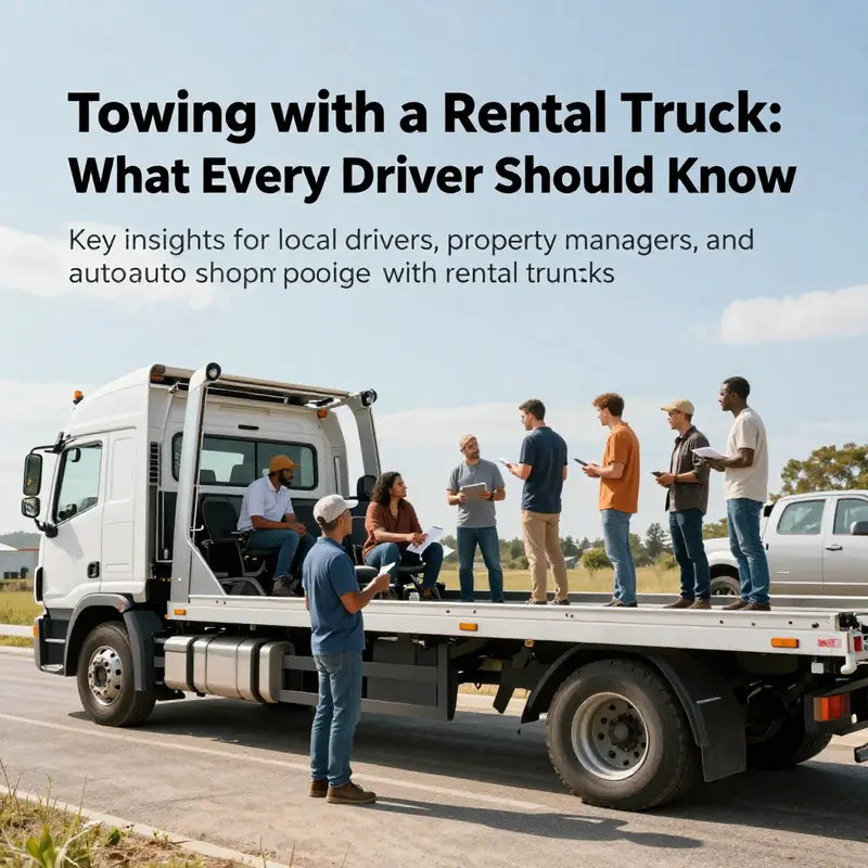 A group of people planning towing strategies next to a rental truck and trailer.