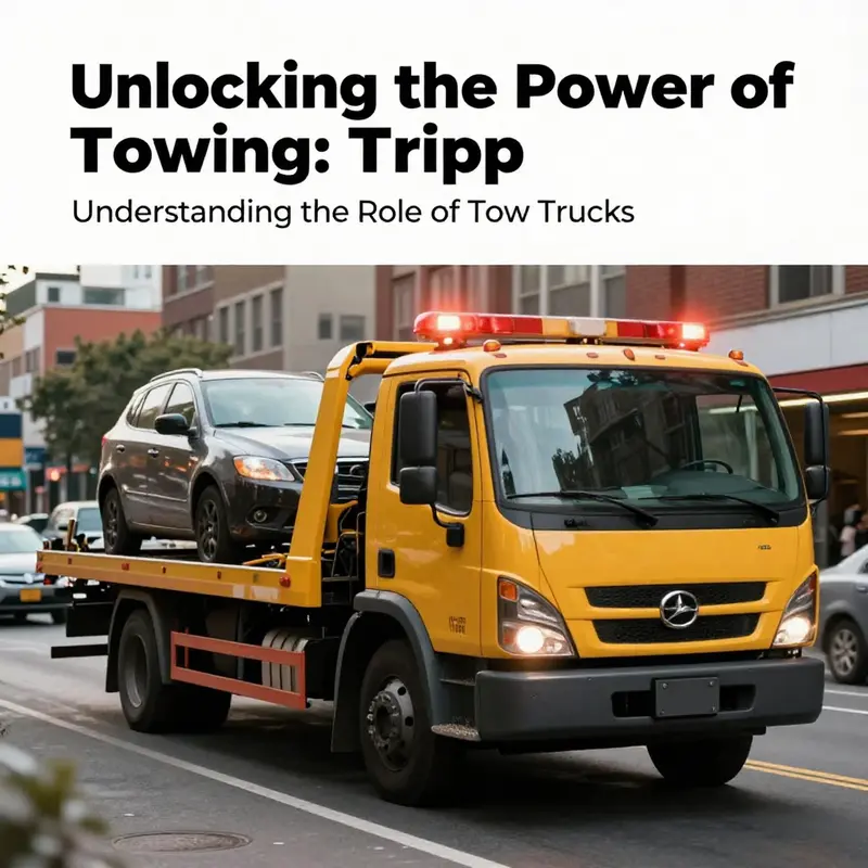 A tow truck with flashing lights towing a vehicle on a city street.