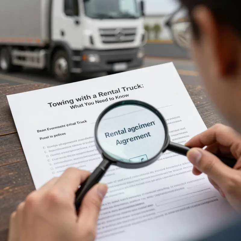 A rental truck with a trailer hitch parked ready for towing operations.