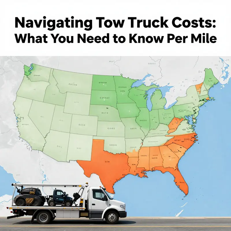 A detailed infographic illustrating tow truck pricing, highlighting base fees and per-mile costs.