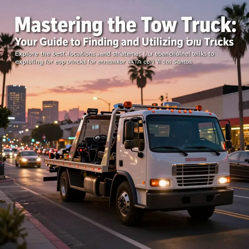 A tow truck driving through the lively streets of Los Santos at sunset, symbolizing the adventure of GTA V.