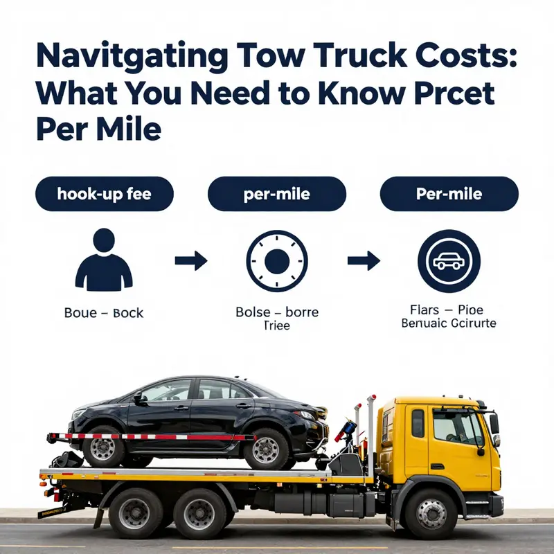 A detailed infographic illustrating tow truck pricing, highlighting base fees and per-mile costs.