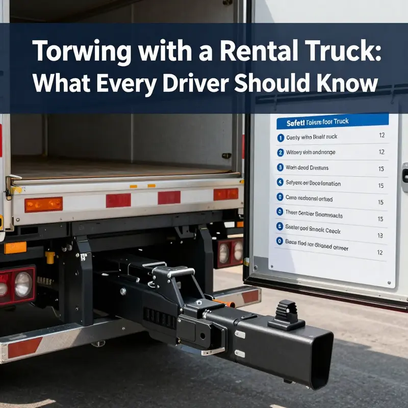 A rental truck with a trailer hitch parked ready for towing operations.