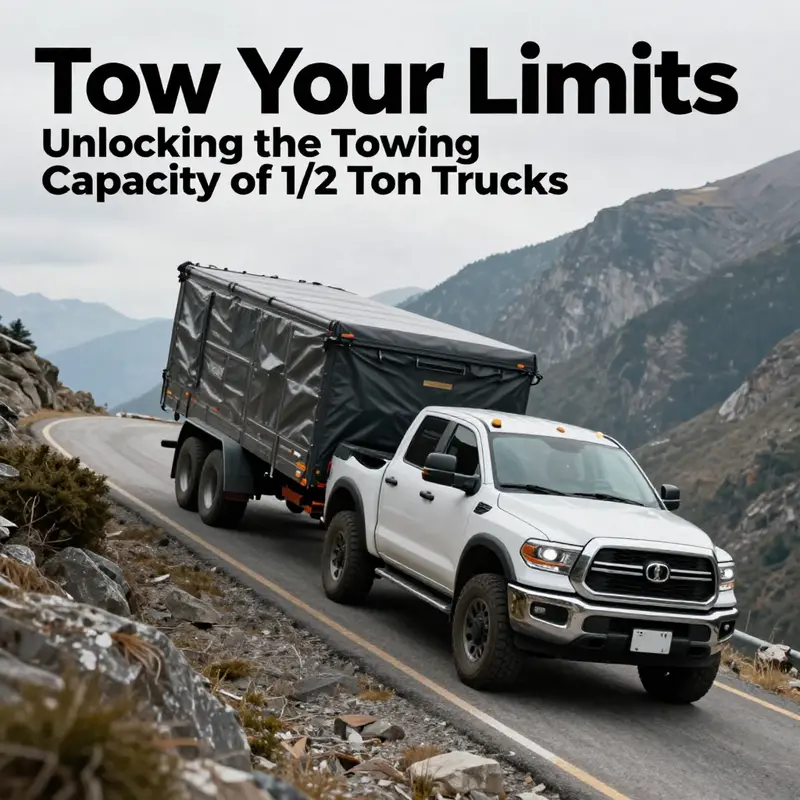 A 1/2 ton truck towing a large trailer on a steep mountain road, illustrating towing capability.