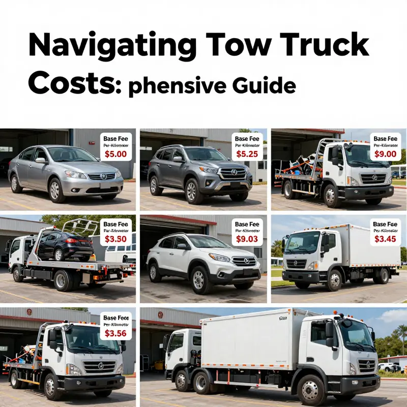 Different vehicle types with corresponding tow truck service fees illustrated.
