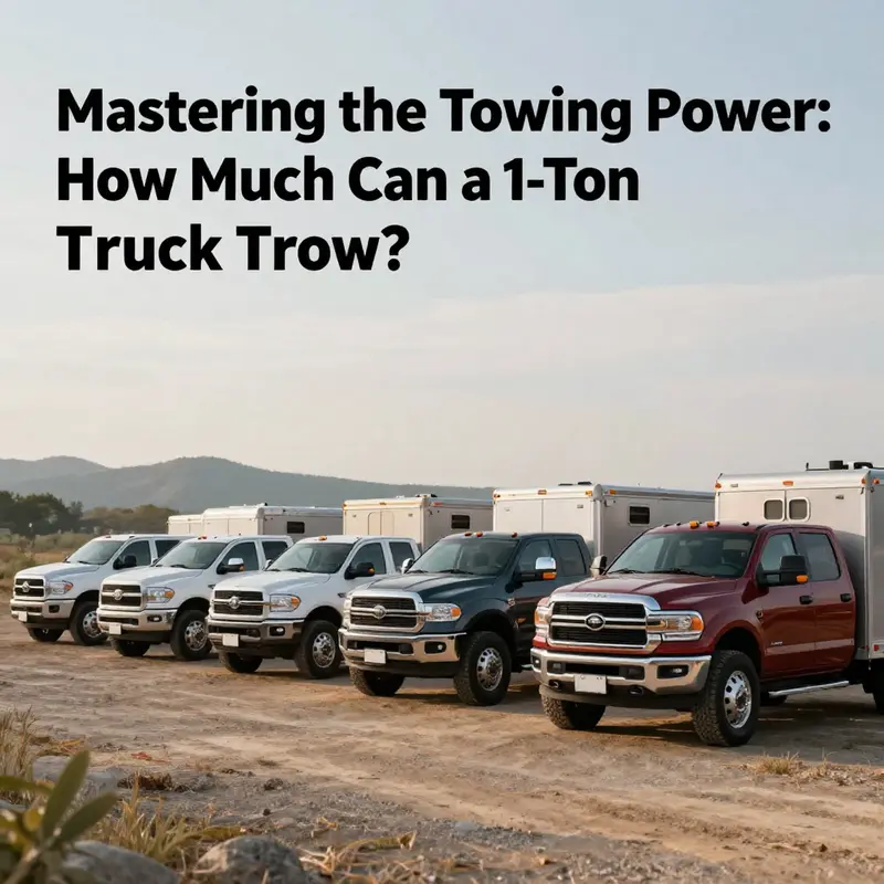 A scenic view of multiple 1-ton trucks parked together, showcasing their towing capabilities with attached trailers.