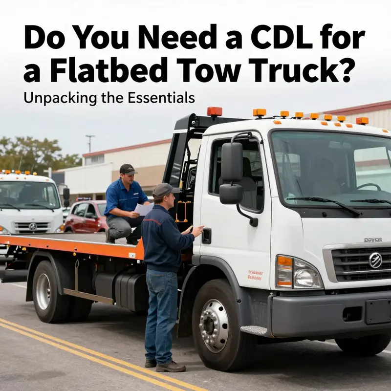 A flatbed tow truck parked while a mechanic engages with the driver, reflecting on the process of towing and licensing.