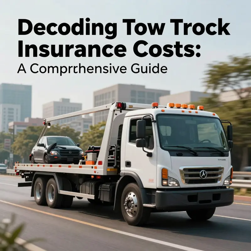 A tow truck driving through a cityscape, representing the needs and costs of tow truck insurance.