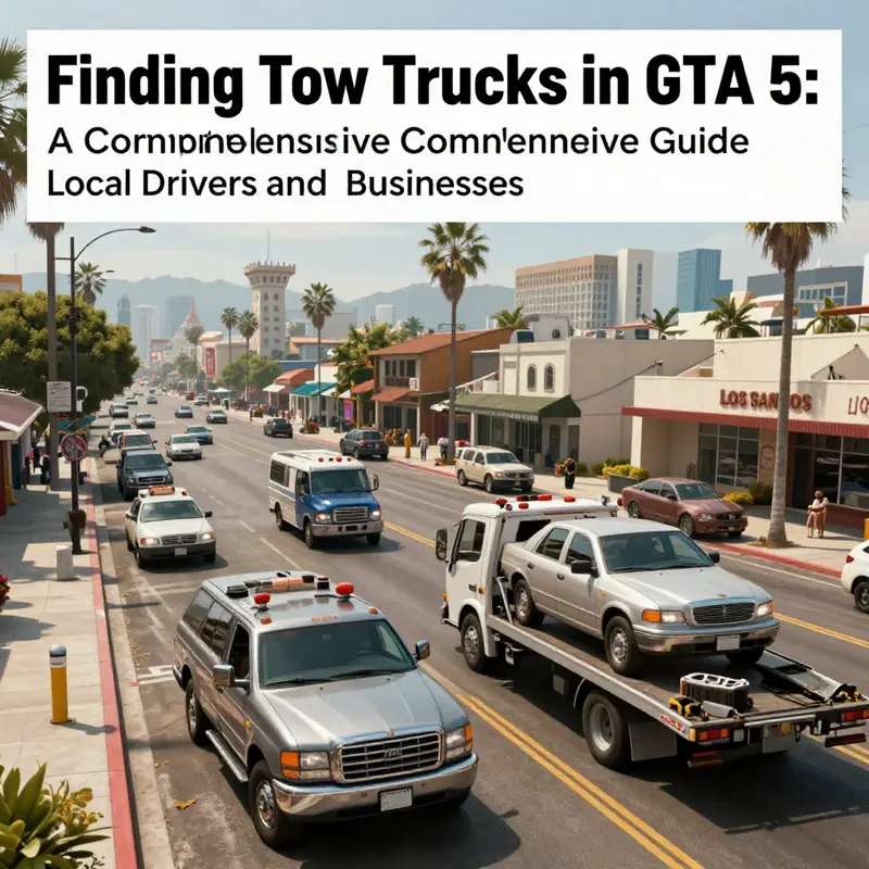 A vivid panorama of Los Santos showcasing tow trucks amidst iconic city landmarks.
