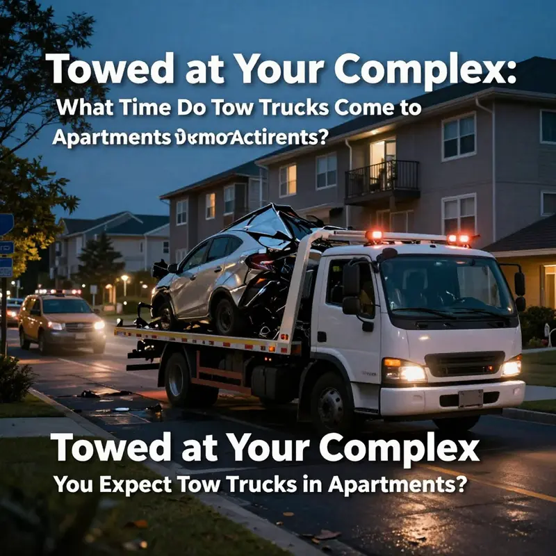 An emergency tow truck responding to an accident scene in an apartment complex.