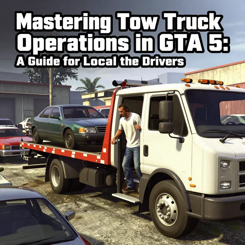 A player character prepares to enter a tow truck in a bustling GTA 5 salvage yard.
