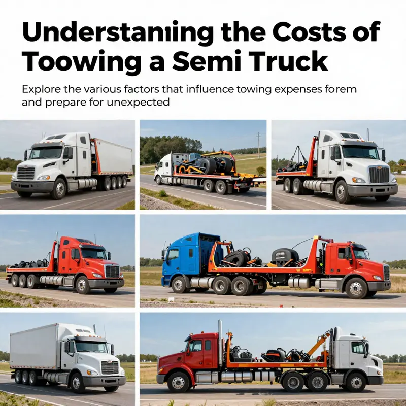 A collage showcasing various semi trucks being towed in different locations and under various conditions.