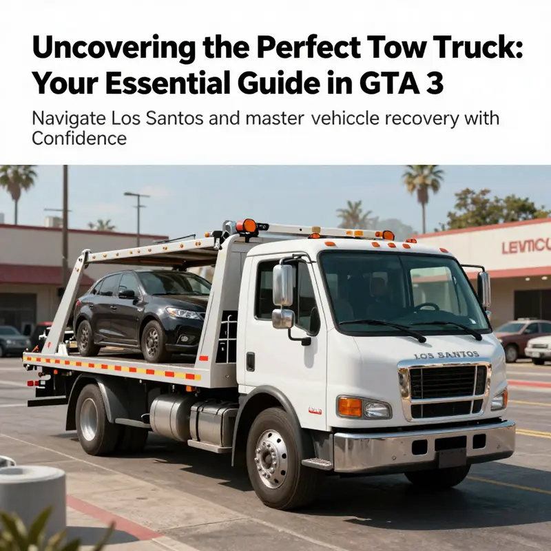 Image presenting a tow truck at sunset in Los Santos, symbolizing vehicle recovery.