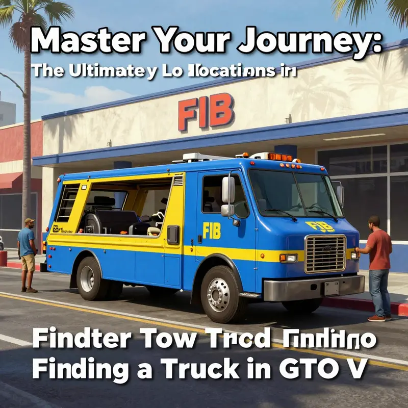 A blue and yellow tow truck parked near the FIB building, a primary location for finding this essential vehicle.