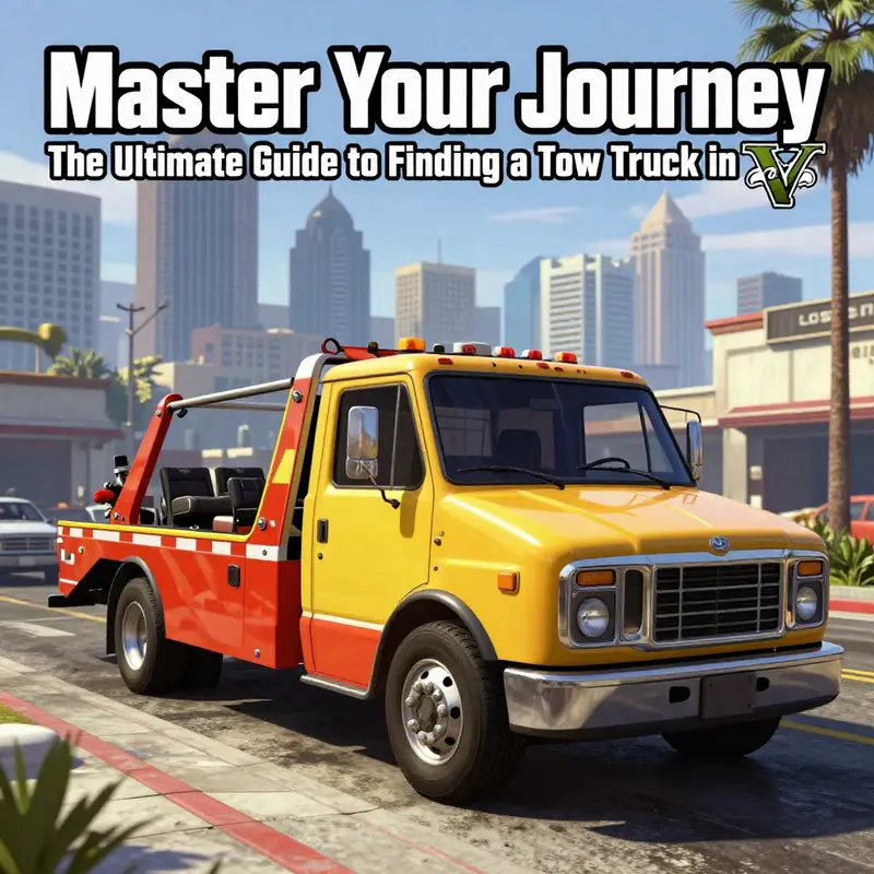 A colorful tow truck positioned in front of the skyline of Los Santos, representing urban action and gameplay opportunities.