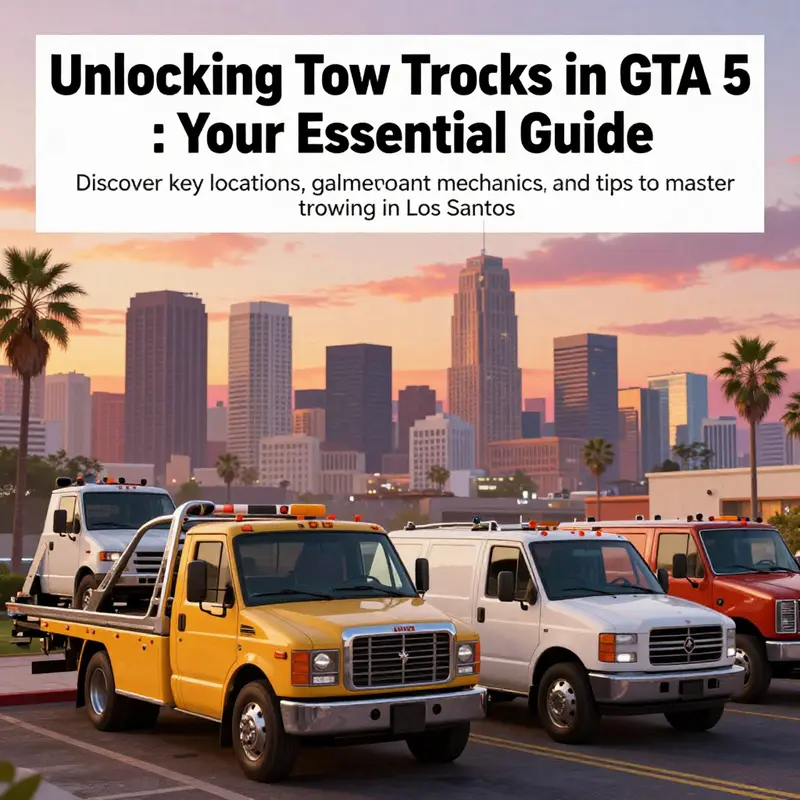 A beautiful sunset scene over Los Santos showing various tow trucks parked, representing the iconic vehicle retrieval theme in GTA 5.