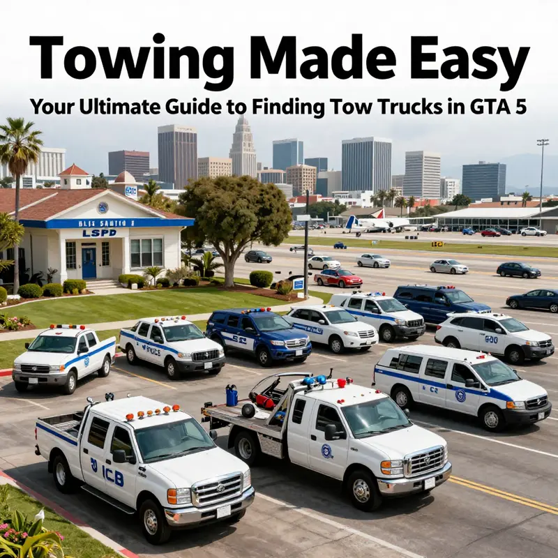 A collage of tow trucks in various locations of Los Santos, capturing the essence of the city.