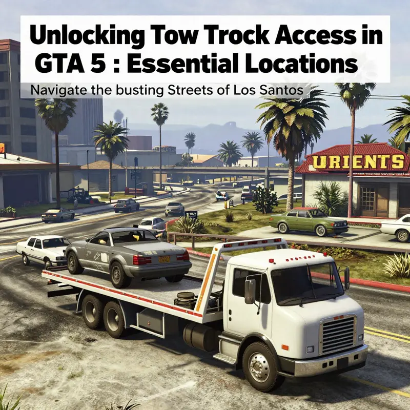 An artistic portrayal of the GTA 5 universe featuring a tow truck in a vibrant environment.