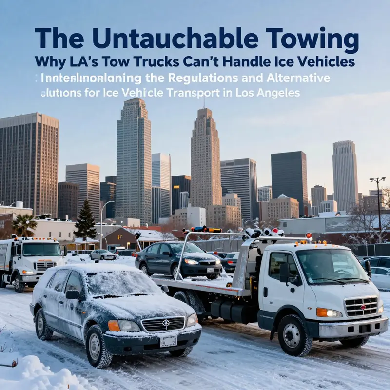 A cityscape of Los Angeles in winter, featuring ice vehicles nearby tow trucks.