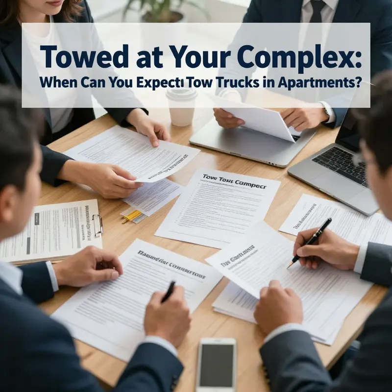 An emergency tow truck responding to an accident scene in an apartment complex.