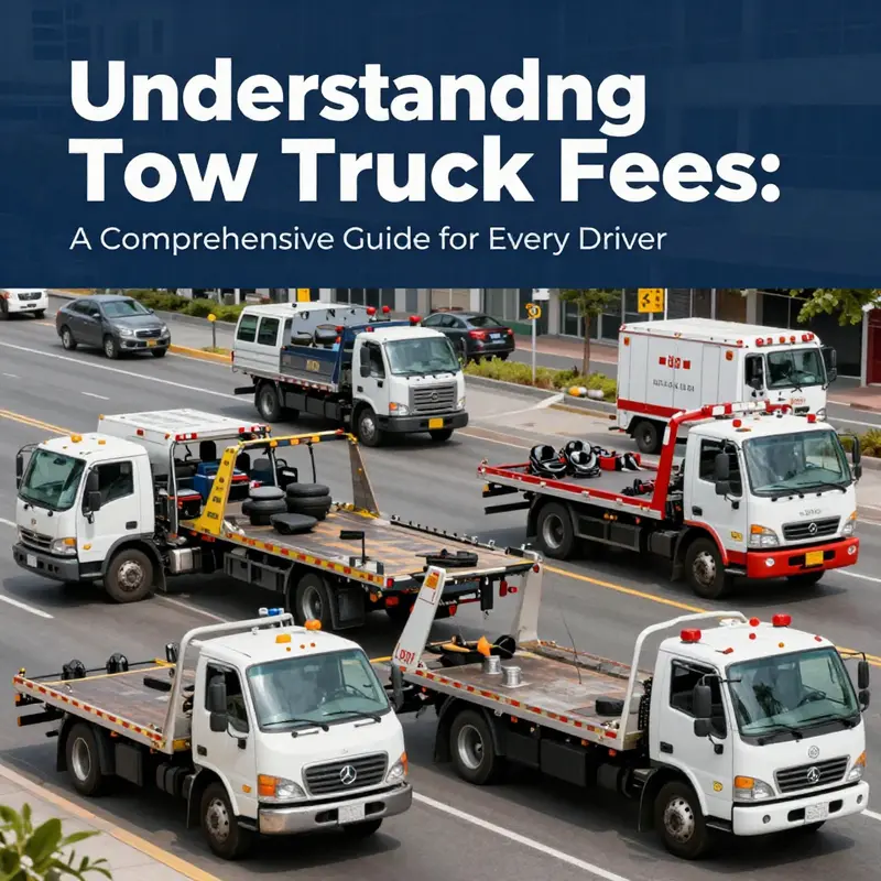 Multiple types of tow trucks displayed against a city and road backdrop, representing various towing services.