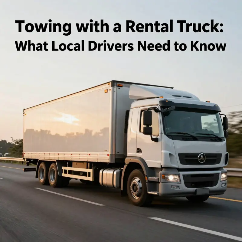 A rental truck towing a trailer on a busy highway.