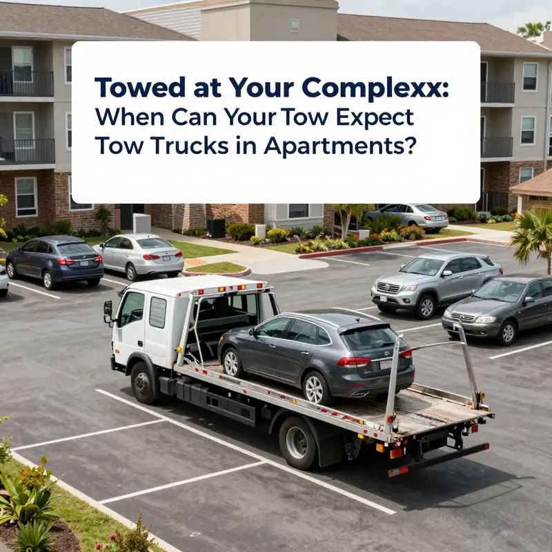 An emergency tow truck responding to an accident scene in an apartment complex.