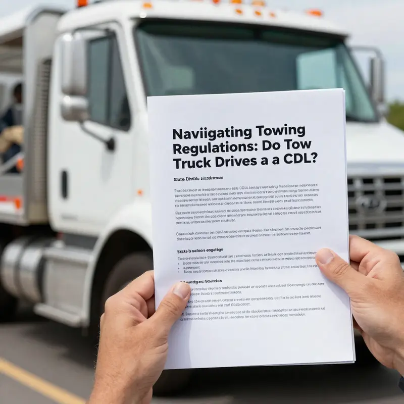 Tow truck driver inspecting licensing requirements before starting a job.
