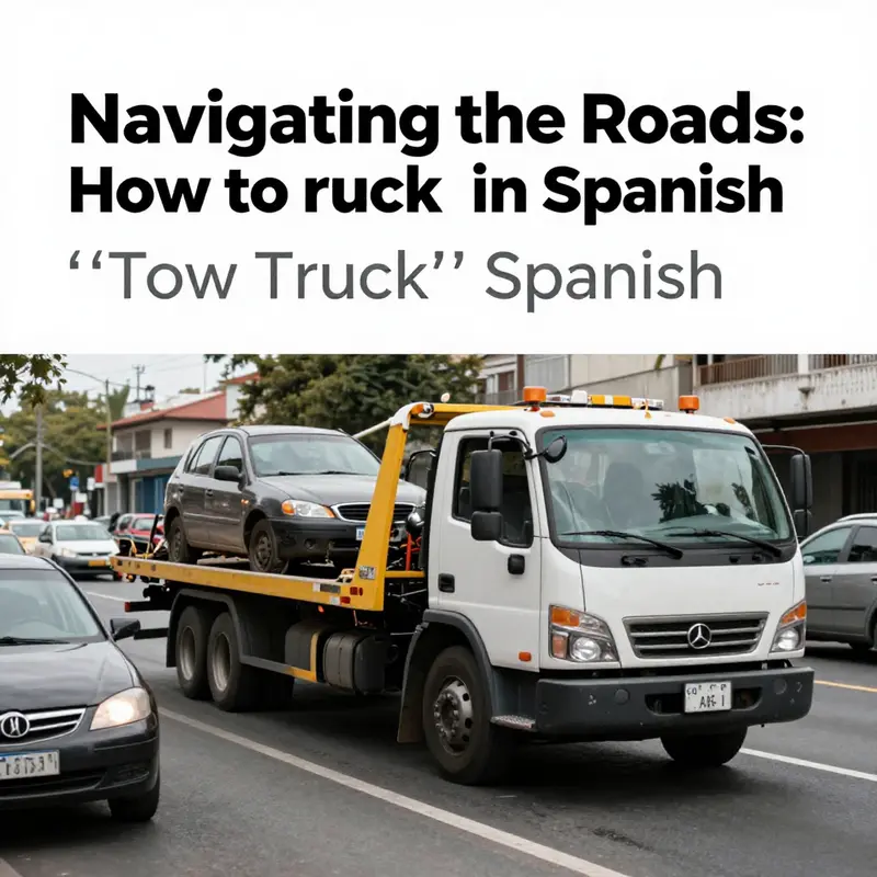 A scene depicting a tow truck helping a disabled vehicle on a bustling roadside, representing the practical application of the term 'grúa.'