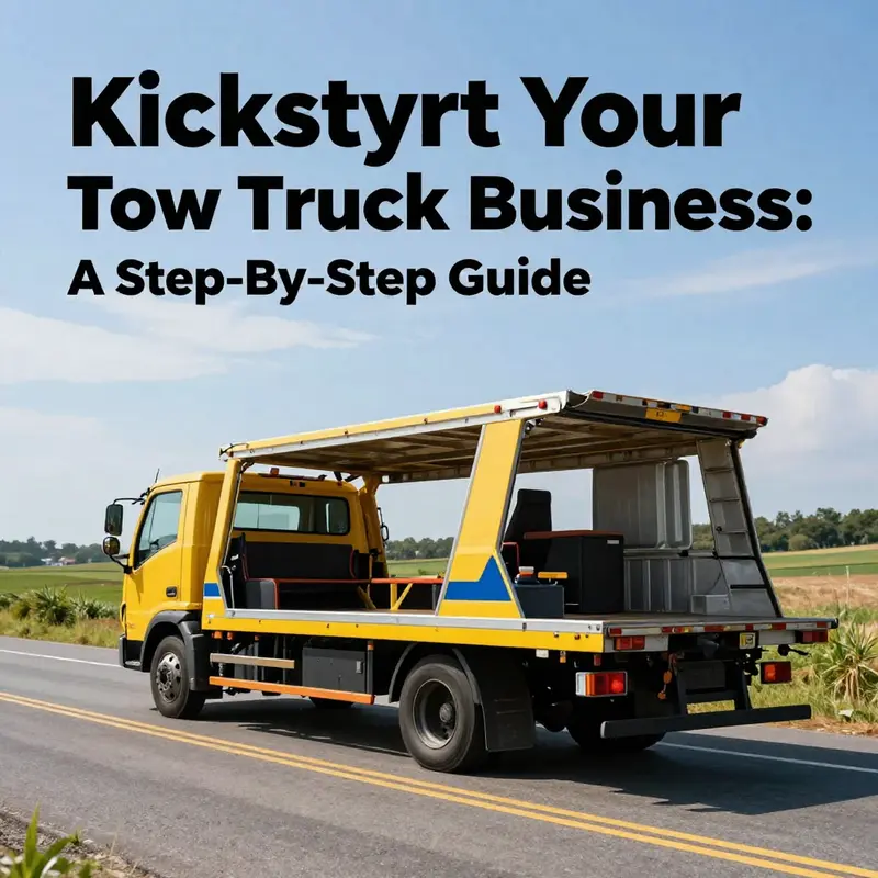 A tow truck driving on an open road, representing the journey of a new tow truck business.