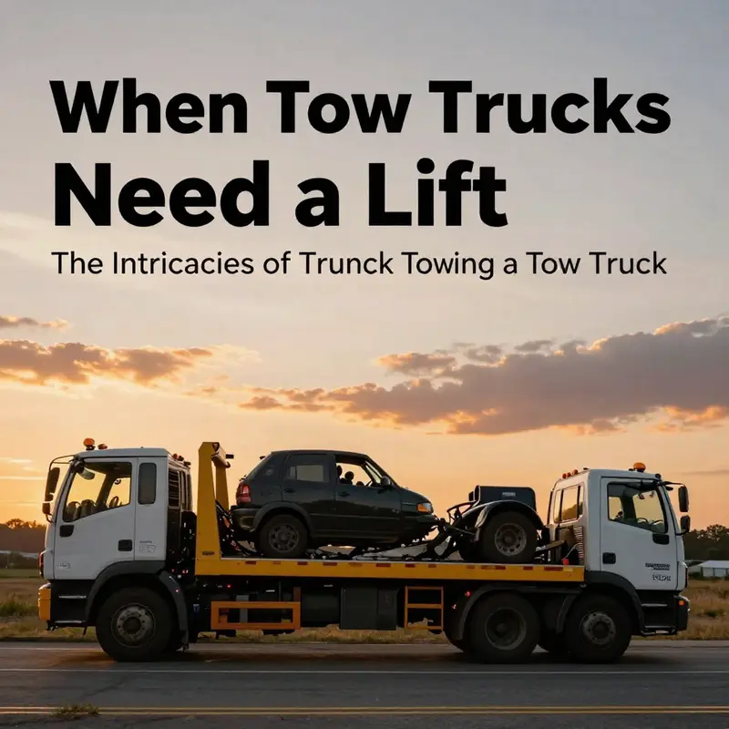 A tow truck pulls another truck against a backdrop of a beautiful sunset, representing cooperation and recovery.