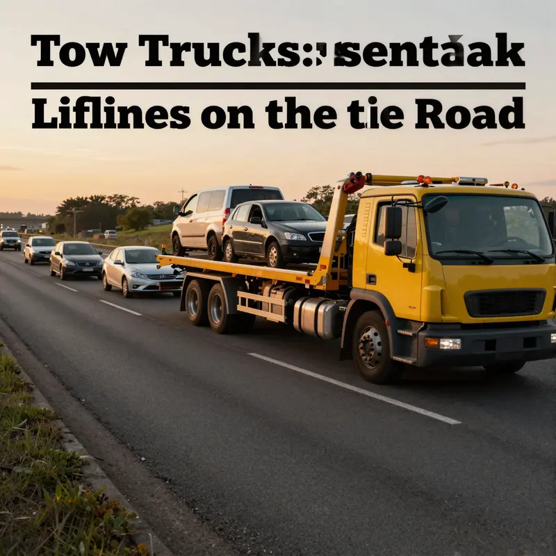 A tow truck helping vehicles on a busy highway during sunset, illustrating its role in roadside assistance.