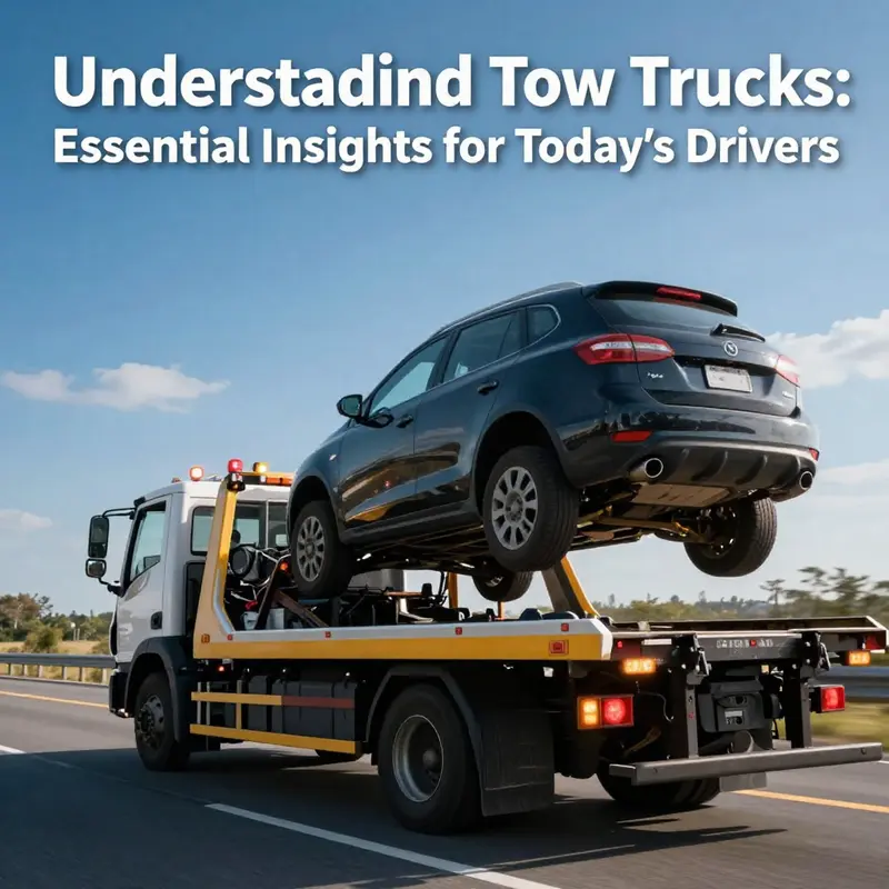 A tow truck with activated lights assisting a stranded vehicle on the highway under a clear sky.