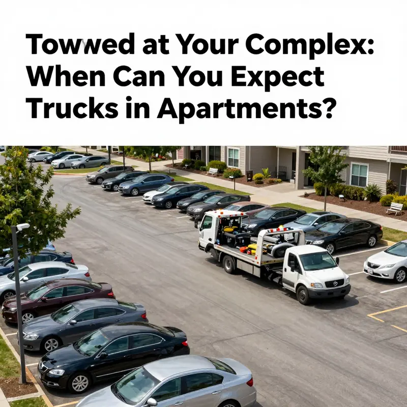 Busy parking lot of an apartment complex with vehicles and a tow truck.