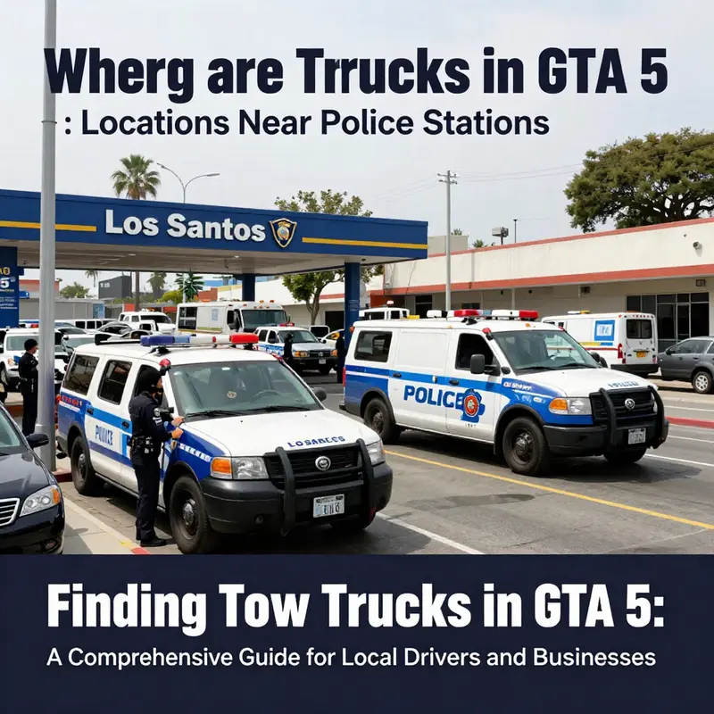 Tow trucks parked outside a Los Santos police station, ready for duty.