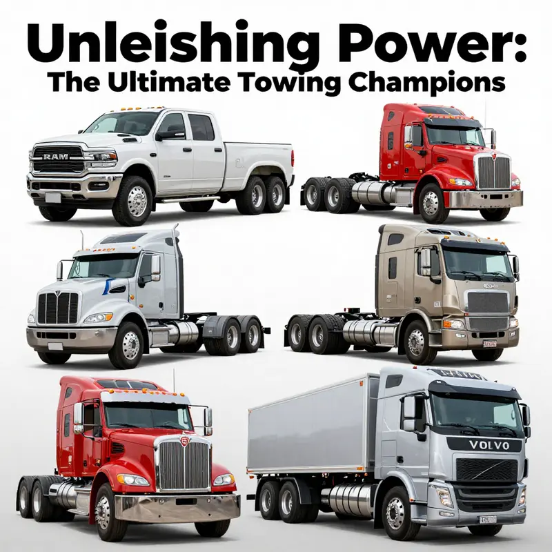 A collage featuring the RAM 3500, Iveco X-Way, Peterbilt, and Volvo FH16.8×8, symbolizing their unmatched towing capabilities.
