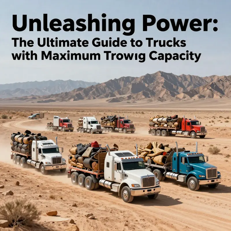 A scene showing various trucks towing heavy loads in diverse terrains demonstrating their capacities.