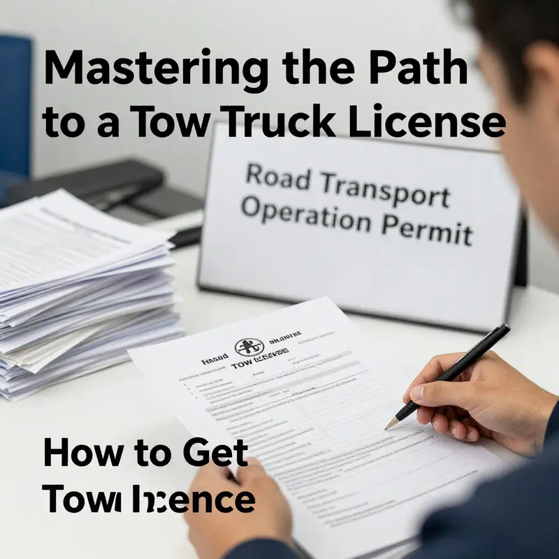 Infographic summarizing the step-by-step process for obtaining a tow truck license.
